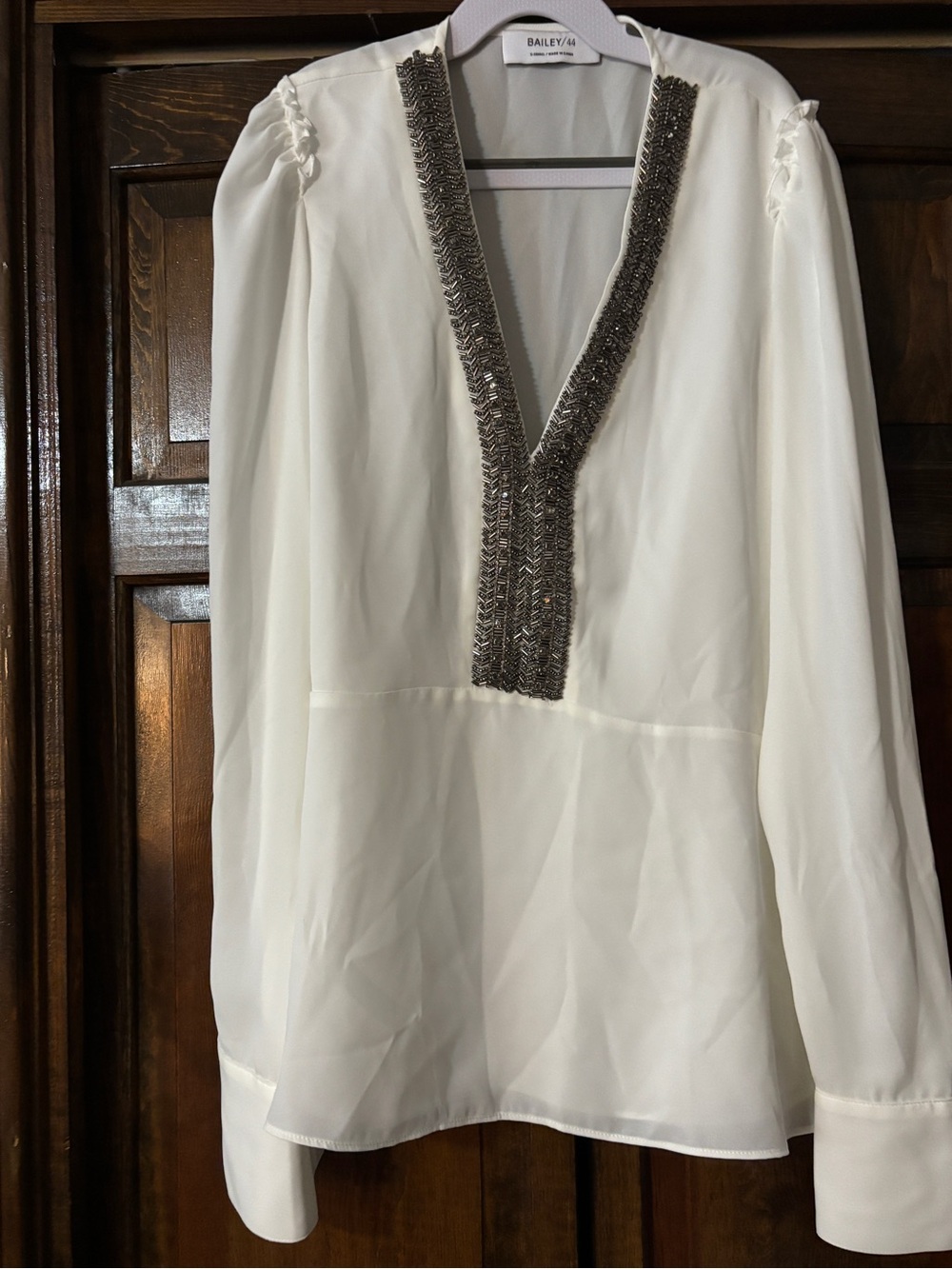 Bailey 44 White V-Neck Beaded Long Sleeve Blouse